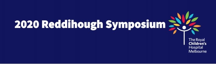 Dark blue banner, white text reads "2020 Reddihough Symposium", RCH logo
