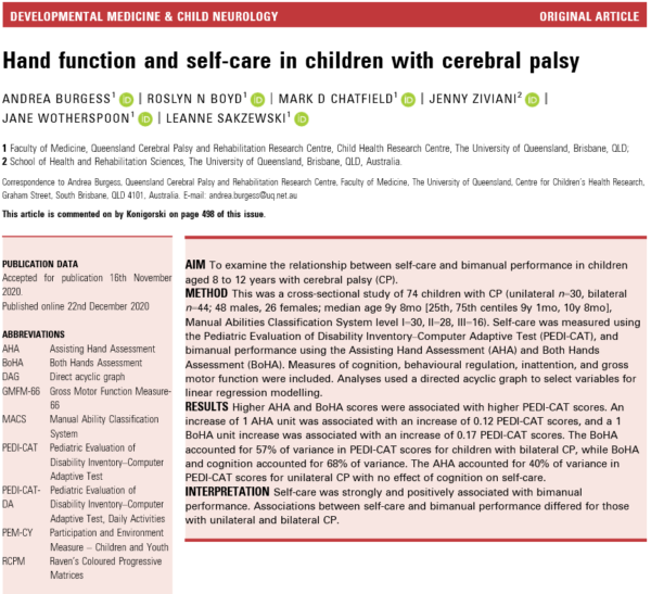 Hand function and self‐care in children with cerebral palsy - Oceania ...