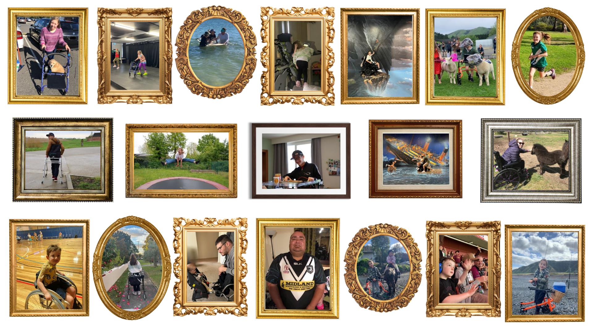 A collage of 19 photos arranged in three rows and set within ornate picture frames of different shapes