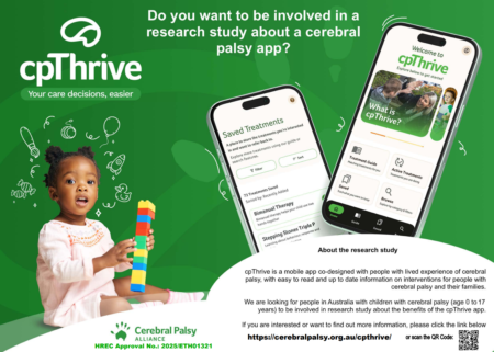 Research study flyer inviting participation in a study about cpThrive, a mobile app for people with cerebral palsy and their families. The flyer includes screenshots demonstrating app features such as browsing, filtering, and saving treatments, with examples including Bimanual Therapy and Stepping Stones Triple P. The app is described as co-designed with people with lived experience of cerebral palsy and provides easy-to-read, up-to-date information about treatments. The study is recruiting families in Australia with children aged 0 to 17 years with cerebral palsy to evaluate the app. The flyer also includes a QR code and web link to participate, Cerebral Palsy Alliance branding, and an ethics approval number.